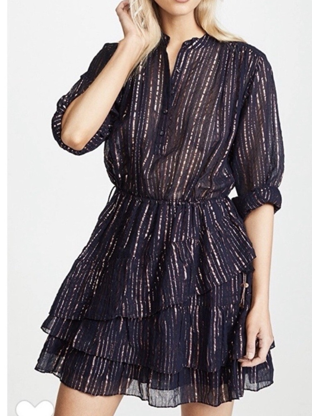 Ulla Johnson Della Tiered Navy Metallic  Striped Party Mini Dress size 8